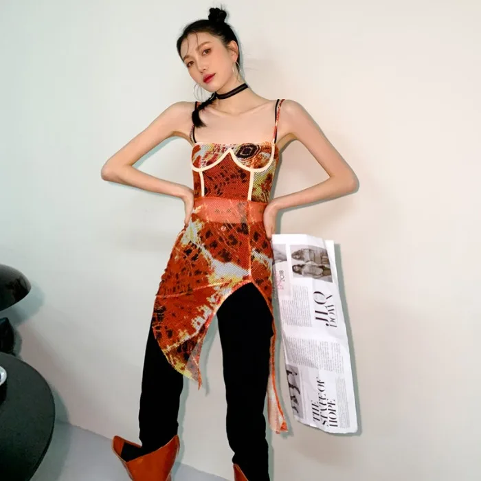 

Print Mesh Slip Dress Spring Summer Women See Throught Sexy Slim Irregular Bottoming Mini Dress Streetwear Hip Hop Night Club