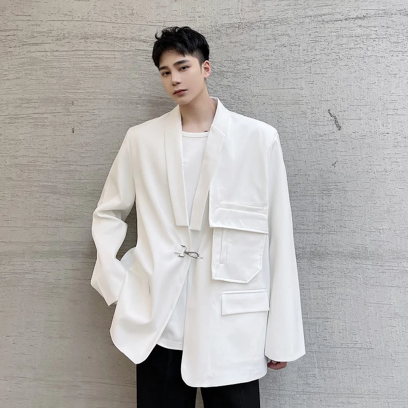 

New Male Vintage Fashion Suit Coat Men Metal Button Streetwear Hip Hop Casual Loose Black White Suit Blazers Jacket
