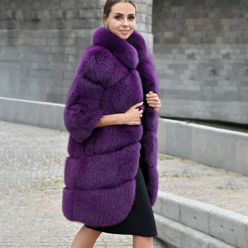 90cm Long Real Fox Fur Coats Women Luxury Winter Fashion Fur Overcoats Trendy 2022 Whole Skin Genuine Fox Fur Coat Stand Collar