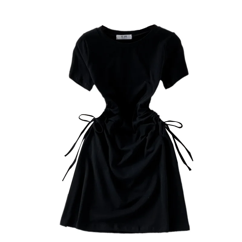 

Fashion New Summer Solid O-Neck Short Sleeve Drawstring Mini Shirt Dress Women Streetwear Sexy Vestidos