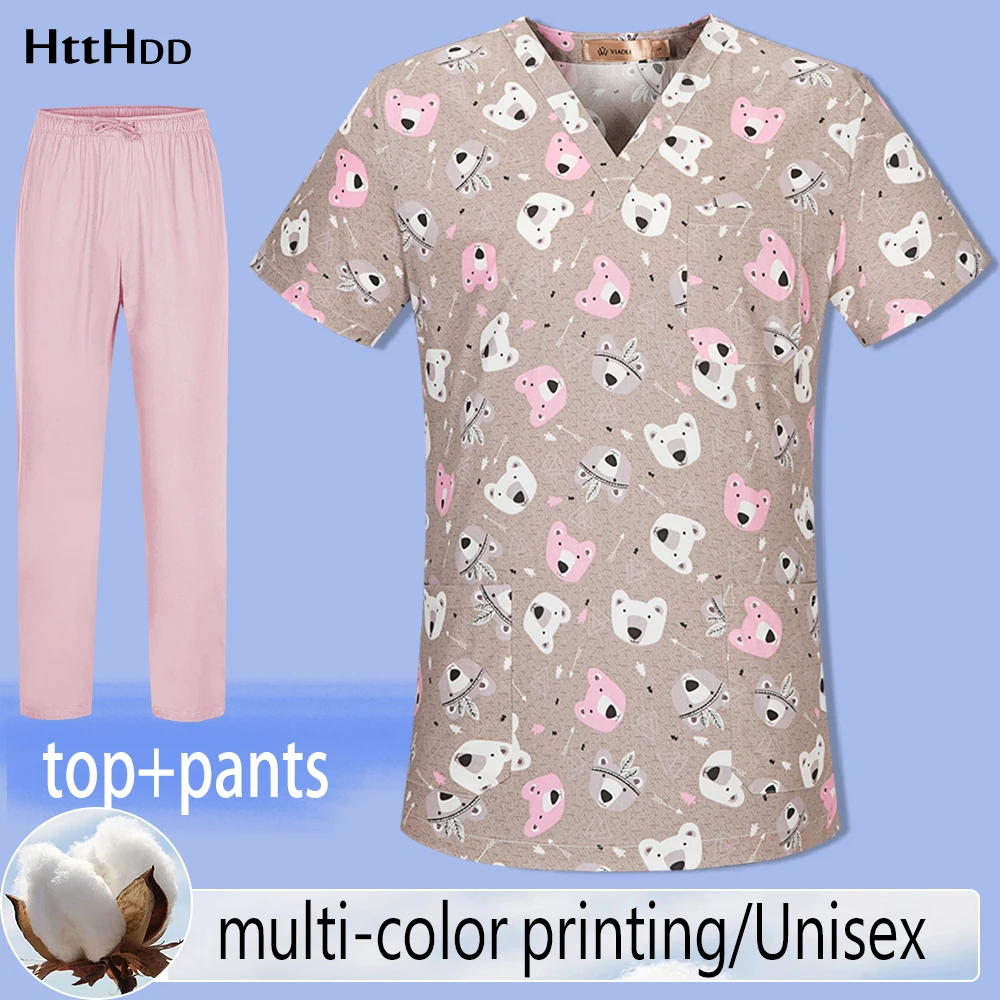 

Cartoon Women Printed Bear Pattern High Quality Scrub Cotton Work Uniform Medical Nurse Accessories Short Sleeve Shirt Wholesale