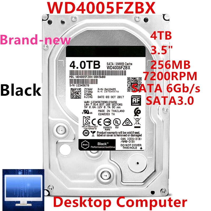 

New Original HDD For WD Black 4TB 3.5" SATA 6 Gb/s 256MB 7200RPM For Internal Hard Disk For Desktop Computer HDD For WD4005FZBX