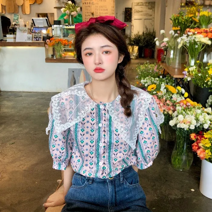 

Women's Lace Puff Sleeve Peter pan Collar Patchwork Blouses Single Breasted Female Tops Office OL Lady blouses Ropa De Mujer