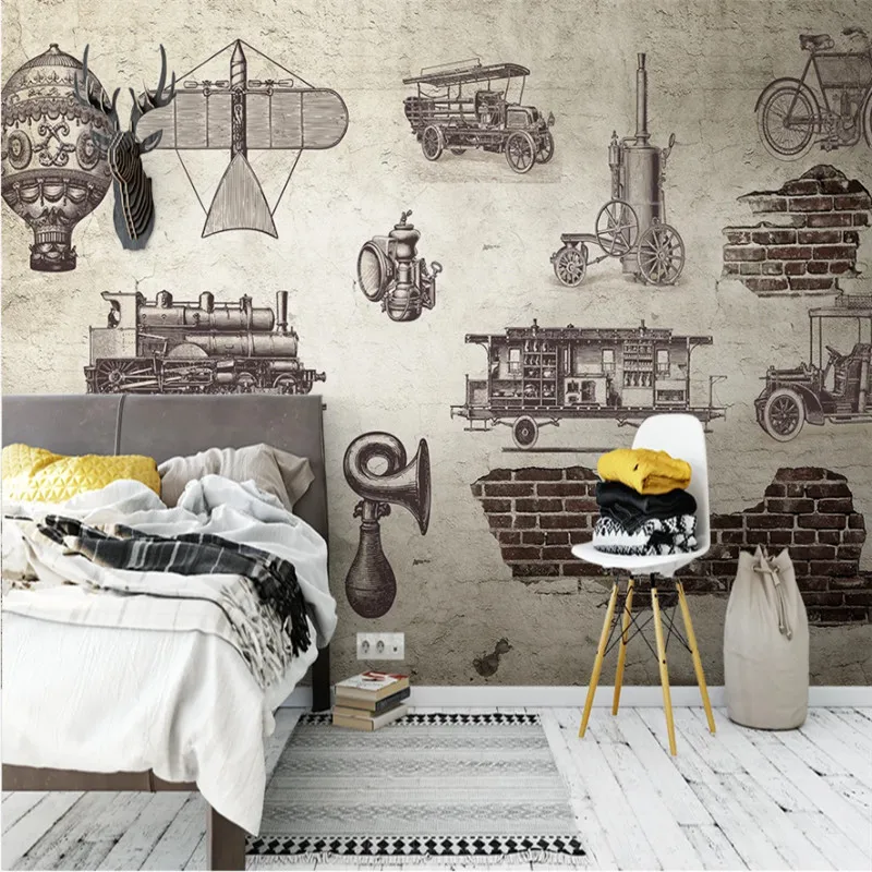 

European Retro Hand-painted Industrial Era Classic Products Background Mural Wall Paper 3D Cafe Theme Restaurant Decor Wallpaper