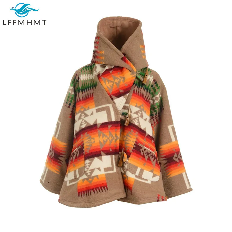 

Women American European Style Winter Fall Vintage Geometric Print Long Sleeve Hooded Woolen Coat Female Loose Casual Trendy Coat
