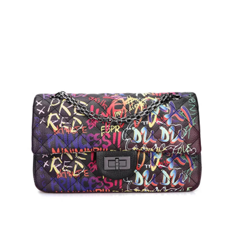 

Printed women bag 2020 new fashion trend graffiti bag alphabet rhombus chain bag Women shoulder bag purses and handbags handtas