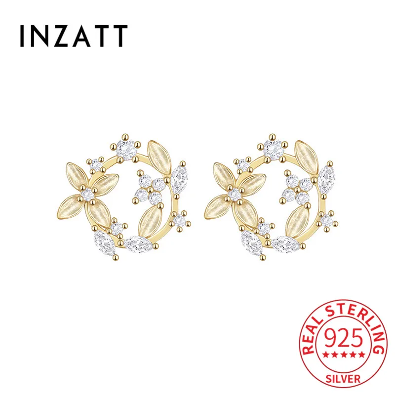 

INZATT Real 925 Sterling Silver Zircon Round Flower Stud 14k Gold Earrings For Women Cute Fine Jewelry Accessories Drop Shipping
