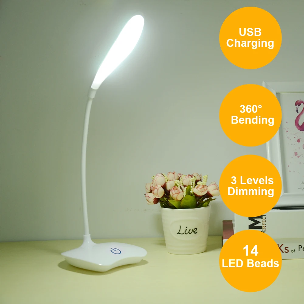 LED лампа настольная 18 светодиодный Перезаряжаемый USB, настольный светильник современный сенсорный переключатель, 3 режима, диммер, светильник для чтения и учебы, настольная лампа для спальни