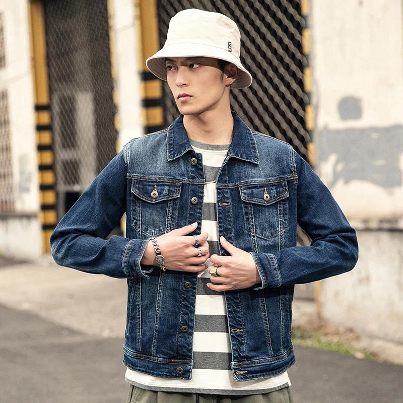 Джинсовая мужская куртка со стоячим воротником Повседневная модная однотонная