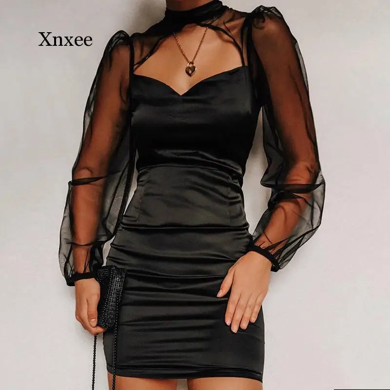 

2021 Spring Summer Mini Dress Square Collar Mesh Long Sleeve Patchwork Bodycon Fashion Hollow Sexy Stretch Club Outfit Clothing