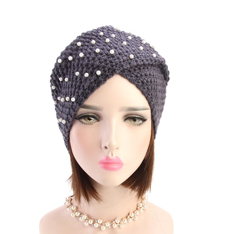 Мия Mona зимние вязанные шерстяные Кепки Для женщин Винтаж теплая шляпа с жемчугом