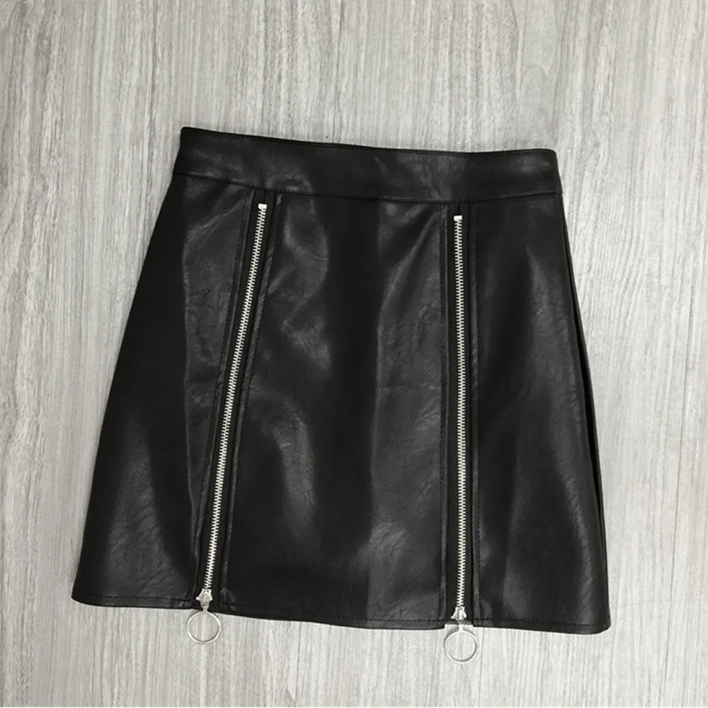 

Women's PU Leather Skirt Black Double Zipper 2020 New Winter Sexy High Waist Vintage A-Line Mini Skirts Ladies Saias Faldas