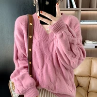 autumn and winter new cashmere sweater womens big v neck twist pure wool warm bottoming shirt versatile loose simple fashion