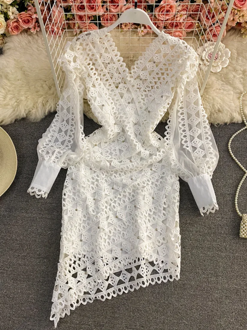 

Fashion White Lace Hollow Out Irregularities Sexy Dress Beaded Bodycon Spring Summer Women Girls Prom Evening Party Night