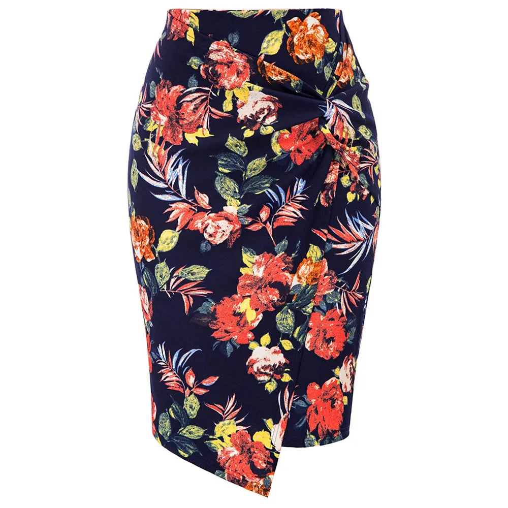 

2021 Women's Floral Printed Urban Casual Bag Hip Skirt Office Lady Fashion Bodycon Mid-Length Irregular Knots Solid Color Skirts