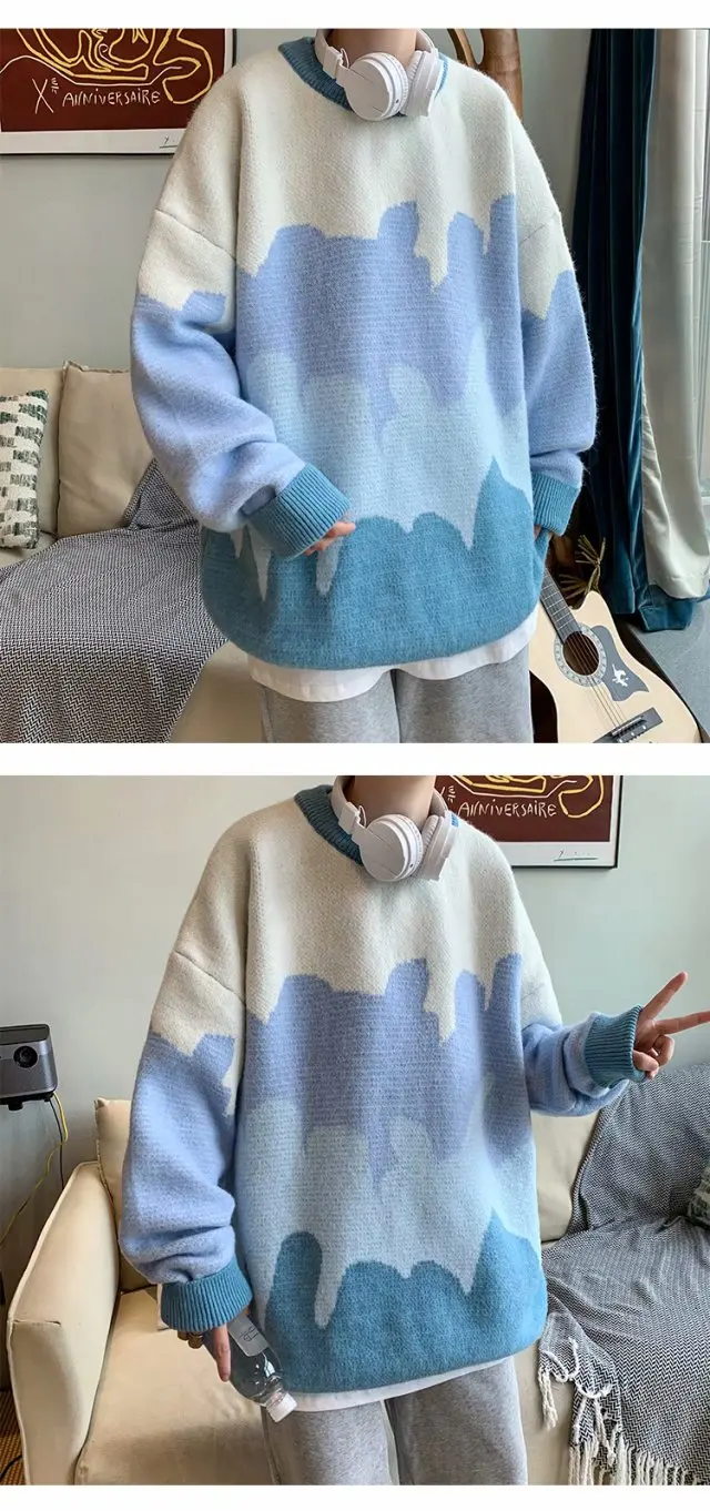

Oversized Mens Knitted Sweater Men Patchwork Sweaters Jumper Pullover Hip Hop Harajuku Casual White Sweater Men
