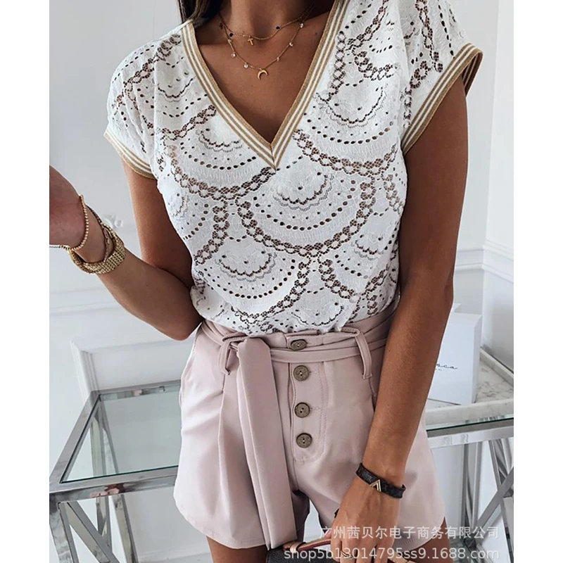 

WEPBEL T-shirt Women's Casual Lace Hollow Out Loose T-shirt Summer Sexy Short Sleeve V-neck Pullover T-shirt Tops