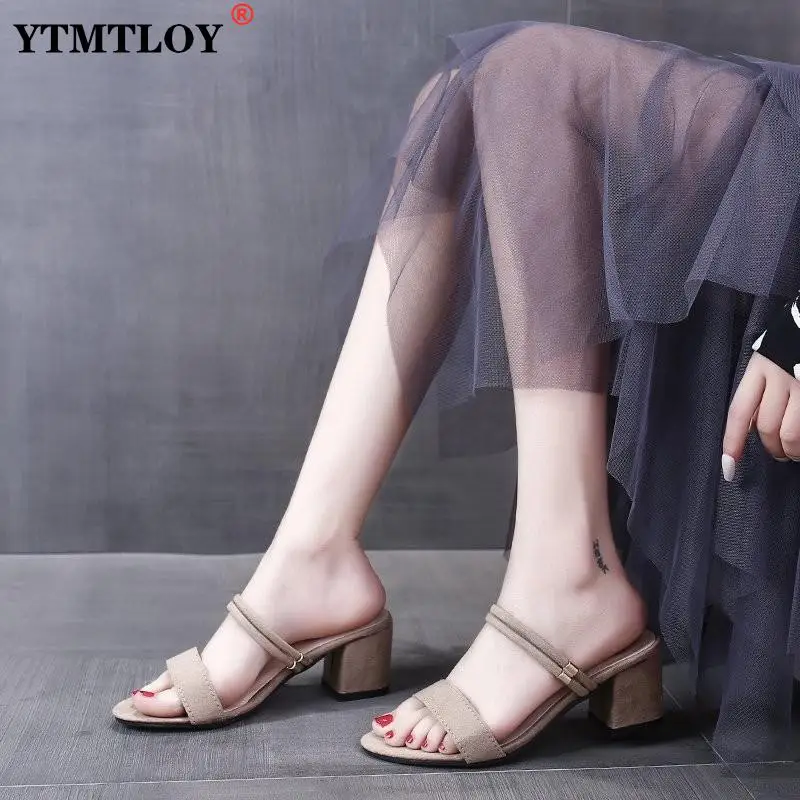 

Женские босоножки с открытым носком, однотонные сандалии на высоком устойчивом каблуке, Повседневные тапочки больших размеров 35-42, лето 2021