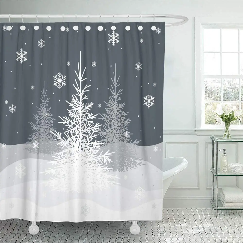 

Decorative Gray Winter Christmas Trees on Grey White Snowflake 72"x72" Waterproof Bathroom Set with Hooks