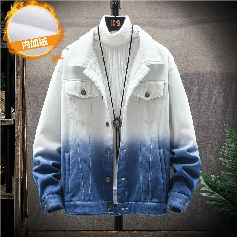 

Bomber Autumn Gradient Mens Thin Denim and Winter Male Fur lining warm Cowboy Jacket Jeans