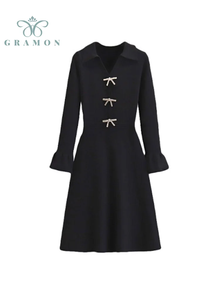 

Autumn Plus Size Dresses For Women 2021 Long Sleeve Slim Knitted Sweater Hepburn Style Bottoming Dress Bow Midi Vestidos Mujer