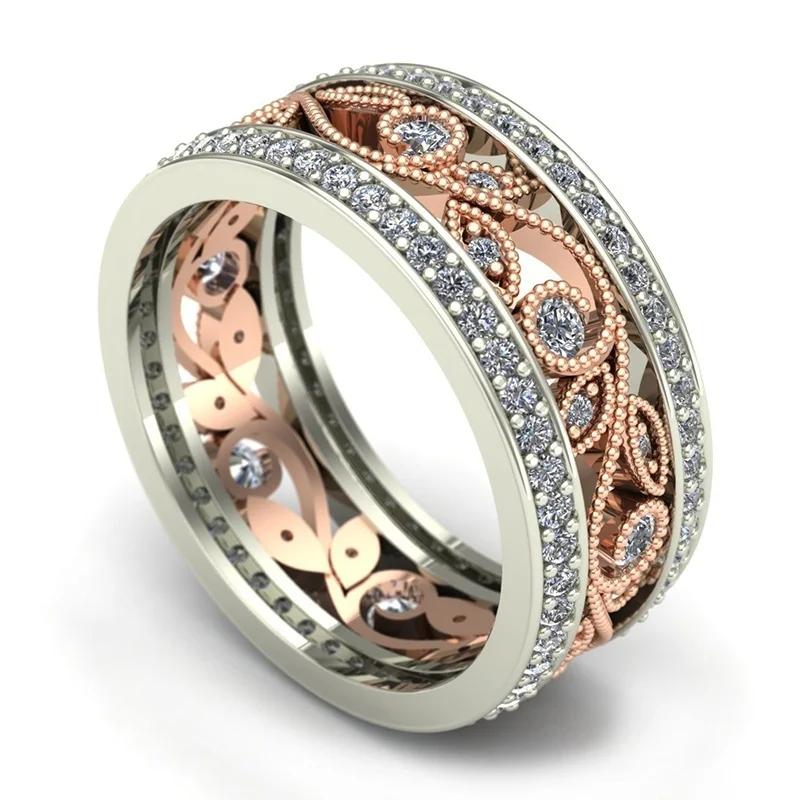 

Silver Color Floral Two-Color Rose Gold Color Vine Flower Leaf Diamond Cocktail Party Wedding Single Ring Ring Jewelry