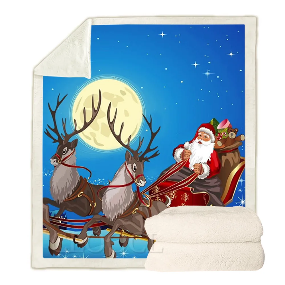 

CLOOCL Christmas Blankets Santa Moonlit Night Elk 3D Print Plush Quilts Merry Christmas Blanket Keep Warm Double Layer Blanket