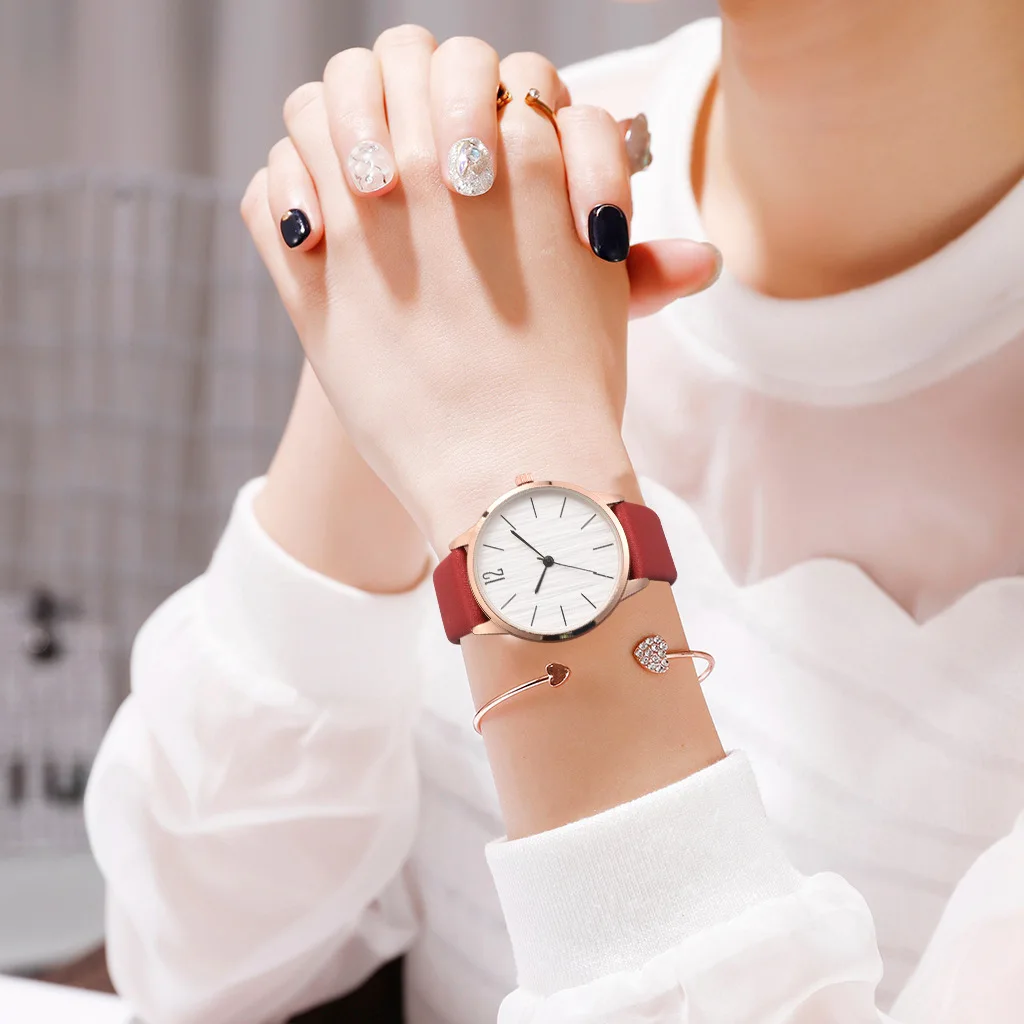 Red with Bracelet Модные простые 2 шт набор браслет часы женские кожаные аналоговые женские кварцевые часы на запястье часы женские часы ювелирные изделия женские часы - Цвет: Red with Bracelet