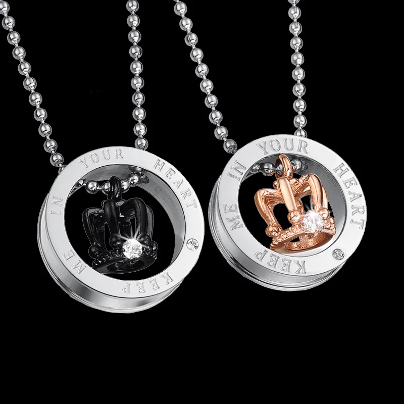 

Engraved "Keep me in your heart" His & Hers Stainless Steel Queen King Crown Crystal Valentine Pendant Necklace for Men Women