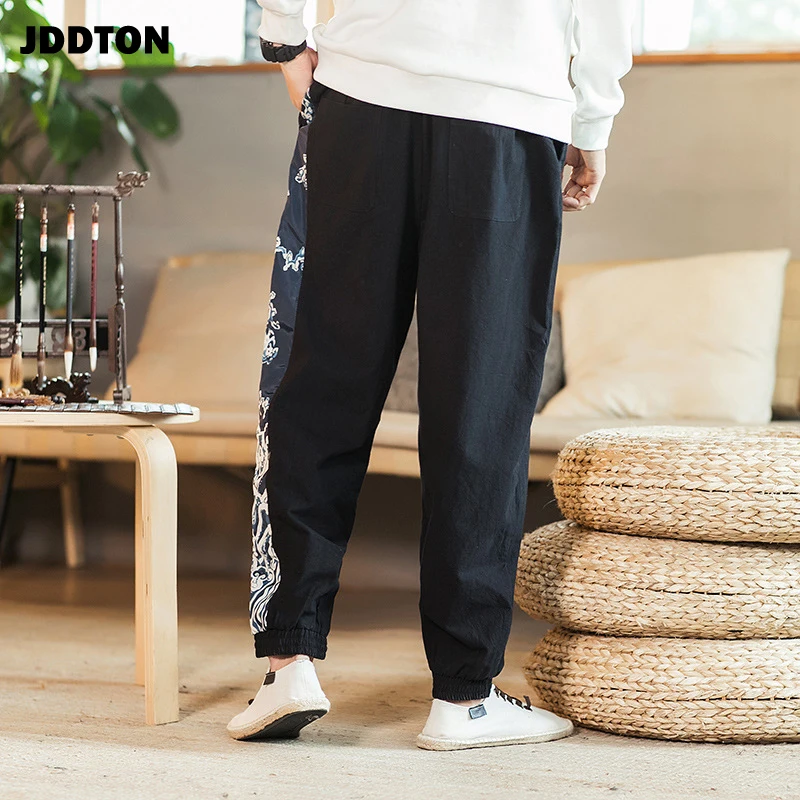 JDDTON мужские хлопковые и льняные свободные брюки с боковым принтом Стильные