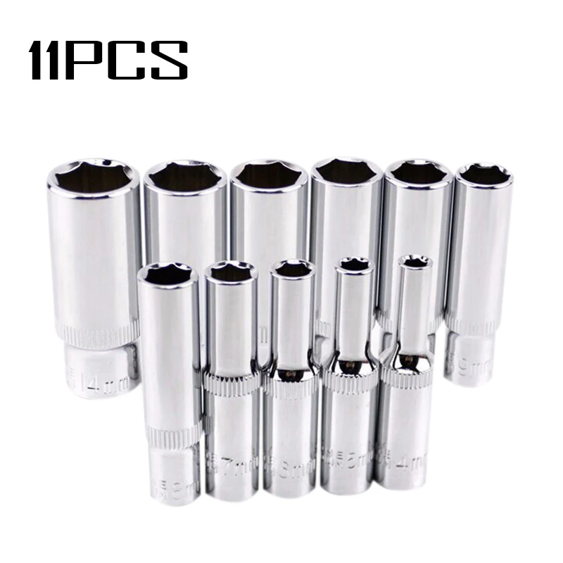 

1/4 inch Socket Deep Drive Long Hex shank Auto Hand Tool Workshop 11pcs