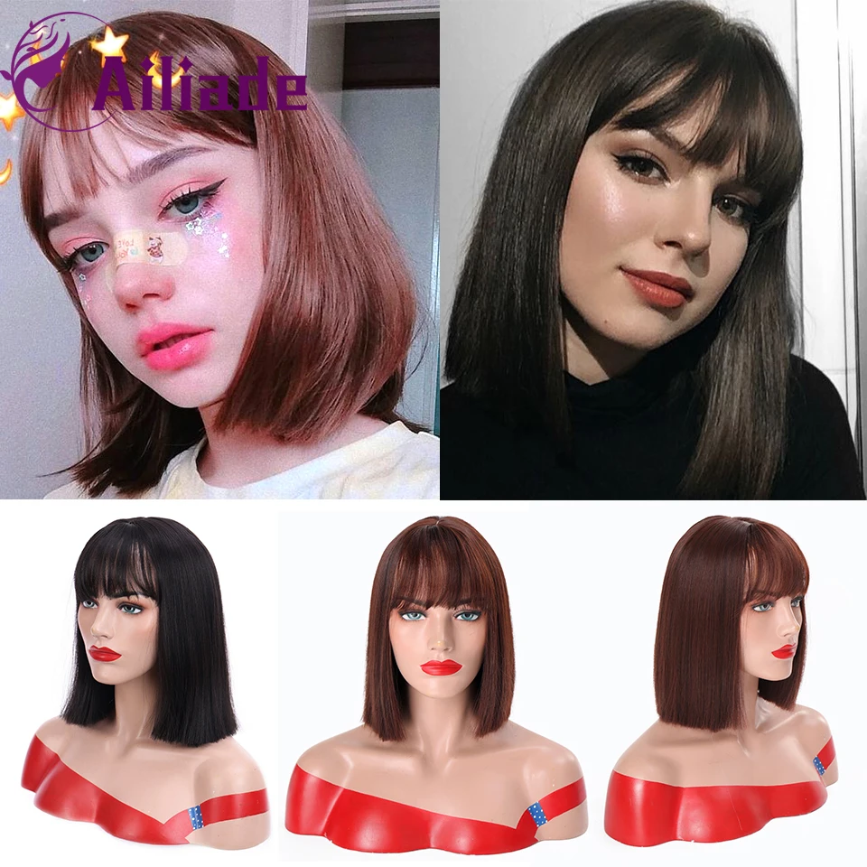 AILIADE Synthetic Straight Short Bob With Bangs Wigs For Women Medium Length Natural Black Heat Resistant False Hair | Шиньоны и парики