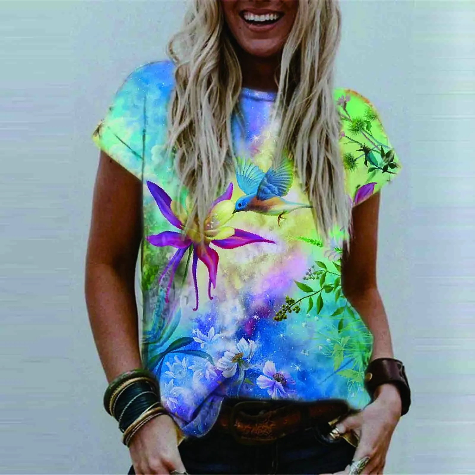 

Summer Ladies Fashion Polyester Round Neck Printed Short Sleeve One Shoulder Sleeve T-shirt Top Short Sleeve Printed O-Neck 02*
