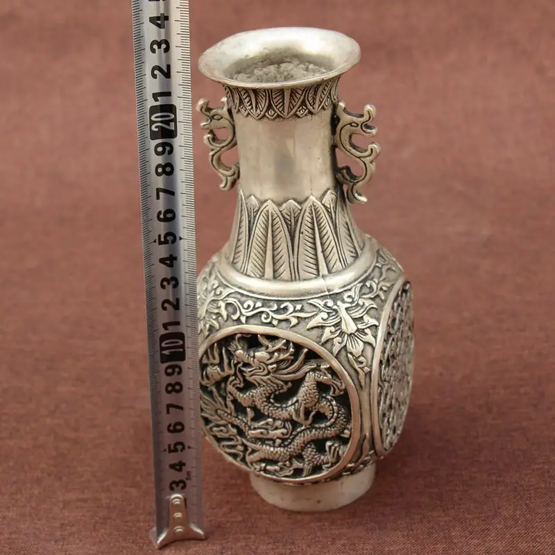 Антикварная медная Серебряная декоративная фурнитура ваза с драконами и