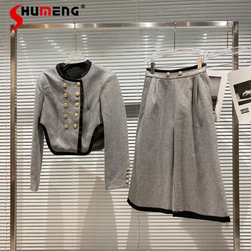 

2021 Fall New Women's British Style Double Row Metal Buckle Woolen Short Coat Ladies Fashion Simple Wide Leg Pants Two-piece Set