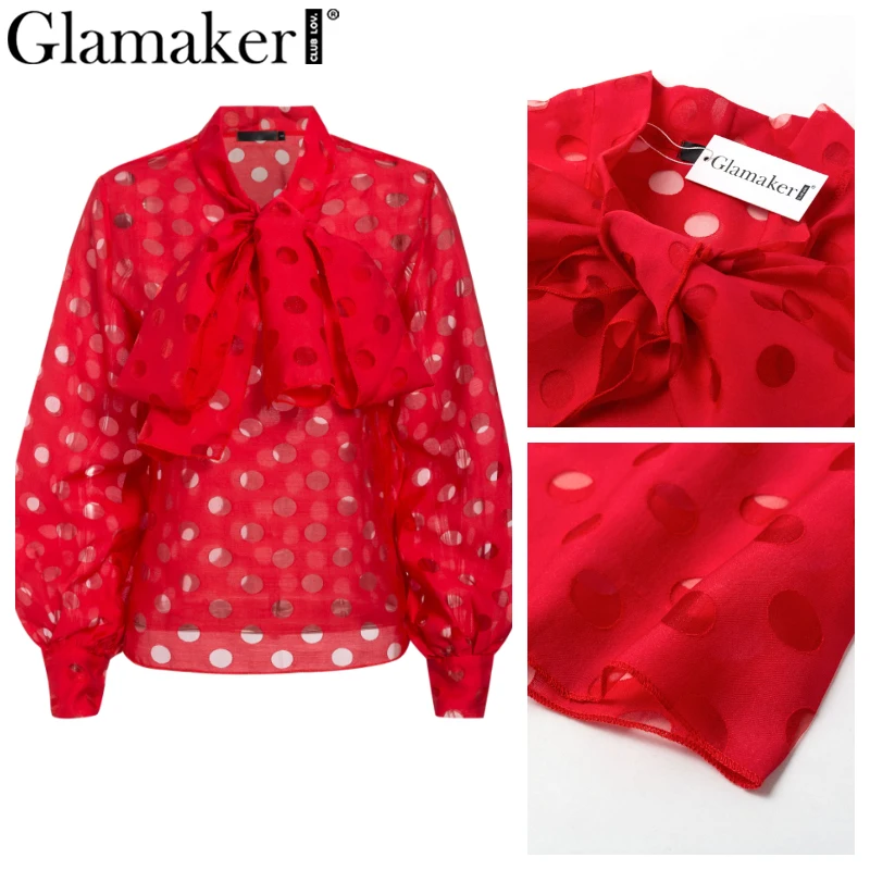Женская блузка с бантом из органзы Glamaker красная в горошек рукавами фонариками