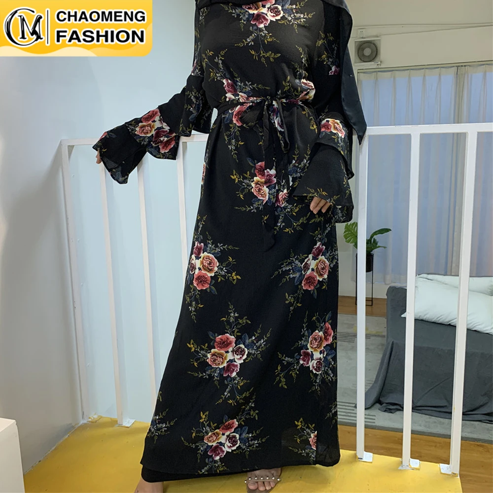 

New Design Thick Chiffon Floral Printing Long Sleeve Maxi Kaftan Turkey Arabic abaya Islamic Clothing Muslim Fashion Women Dress