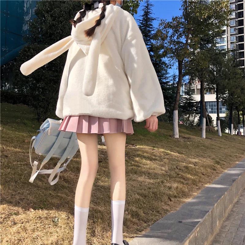 Women Faux Fur Overcoat Sweet Cute Rabbit Ears Horn Button Thicken Warm Teddy Lolita Coat Kawaii Girl Winter Plush Fluffy Jacket