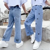 new teenage girls jeans spring summer casual fashion embroidery heart kids leg wide pants school children trousers 6 8 10 12 14y
