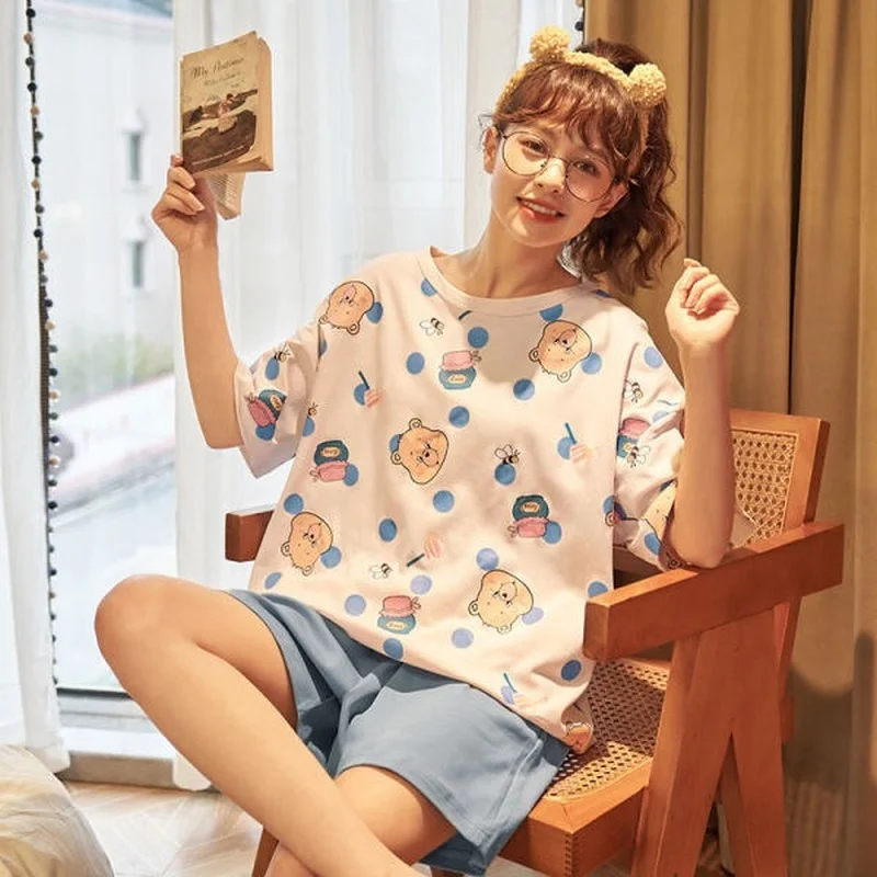 

Summer New Women Short Sleeve Pajamas Set O Neck Cartoon Pig Print Female Pyjamas Set Cotton Brand Home Sleep Wear 2 Piece Suit
