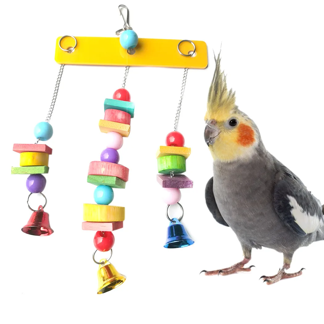

1Pcs Parrot Bird Hanging Swing Toy Colorful Wooden Blocks Bells Bird Interesting Chewing Toy Parrot Cage Toy For Birds Playing
