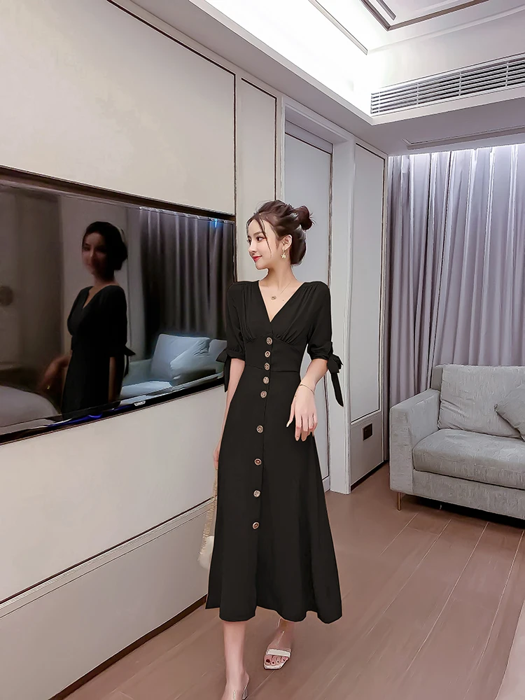 

Fashion elegant dress women 2021 summer new retro thin single-breasted waist V-neck dress fashionable women's clothing