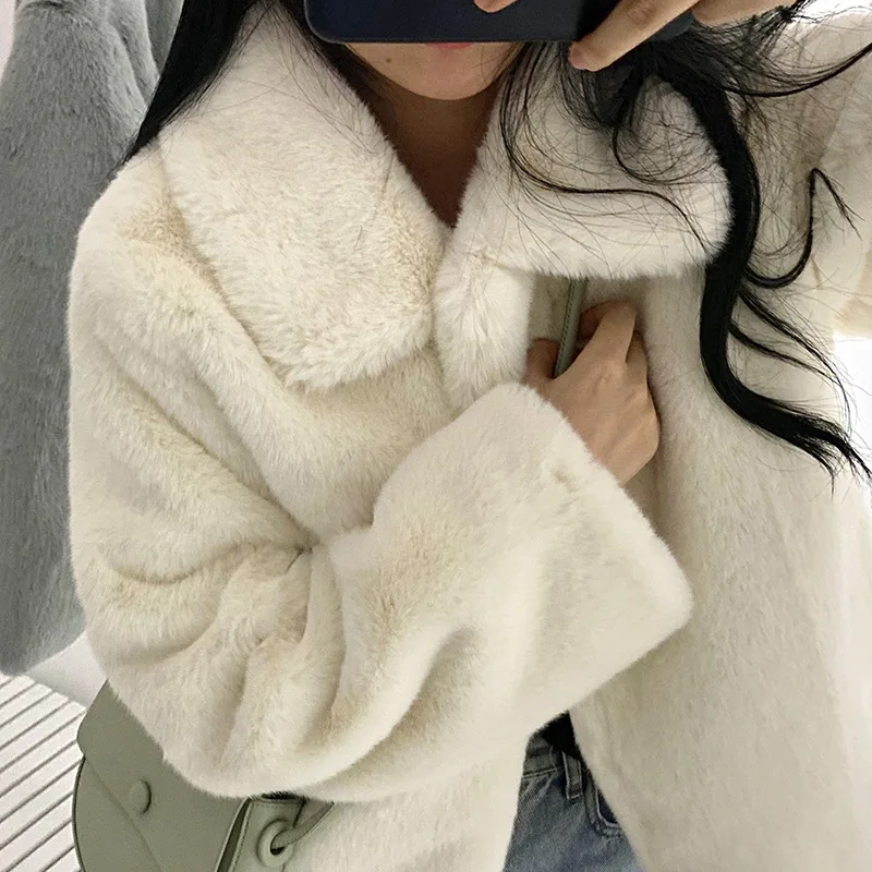 

White Korean Fashion Women Female Furry Lapel Temperament Fragrance Winter Warm Oufit Coat Cute Girls Streetwear