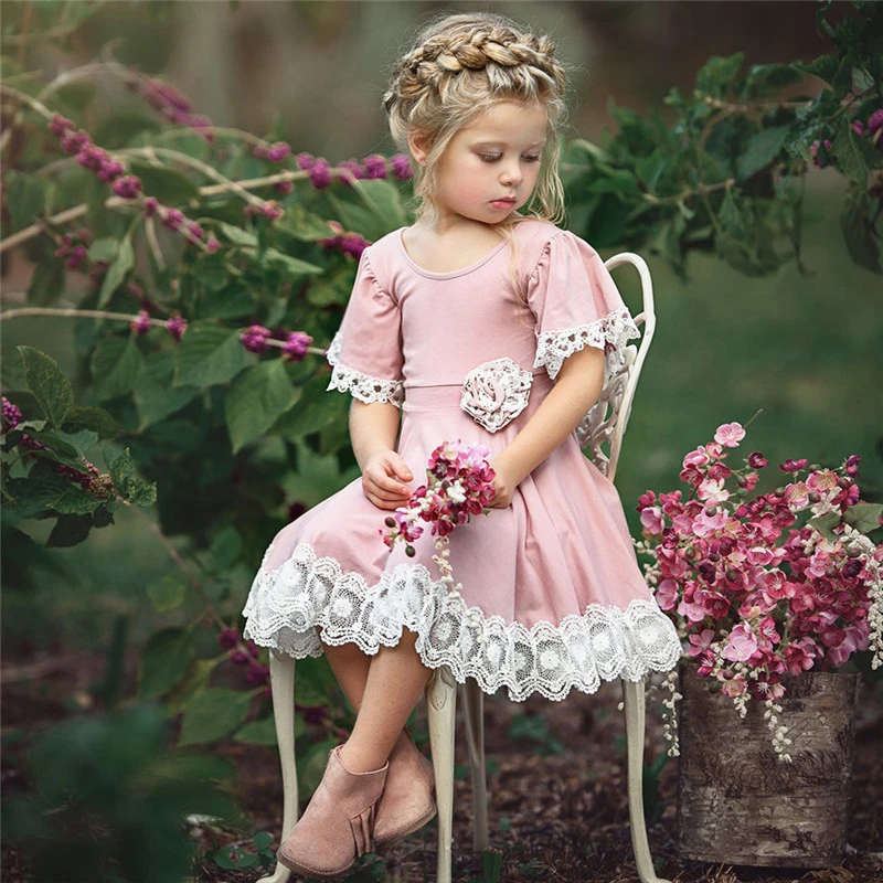 

Y.L.STUDIO Child Girls Lace Dress Flower Design Toddler Girls Princess Dress Summer Short Sleeve Cotton Pink Kids Girls Dress