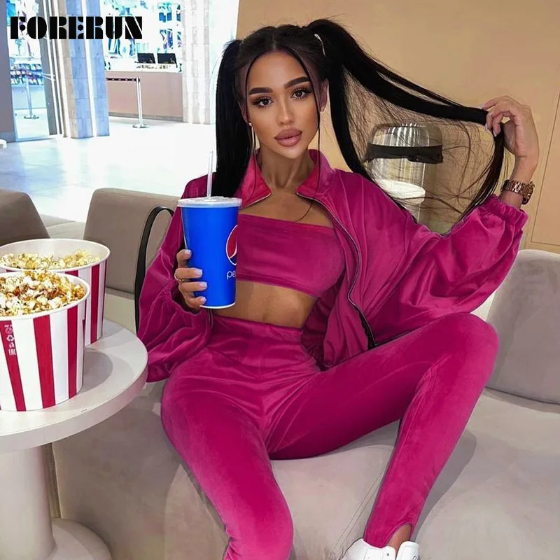 

FORERUN Three Piece Velvet Tracksuit Women Strapless Crop Top Long Sleeve Sweatshirt High Waist Pencil Pants Sports Suit