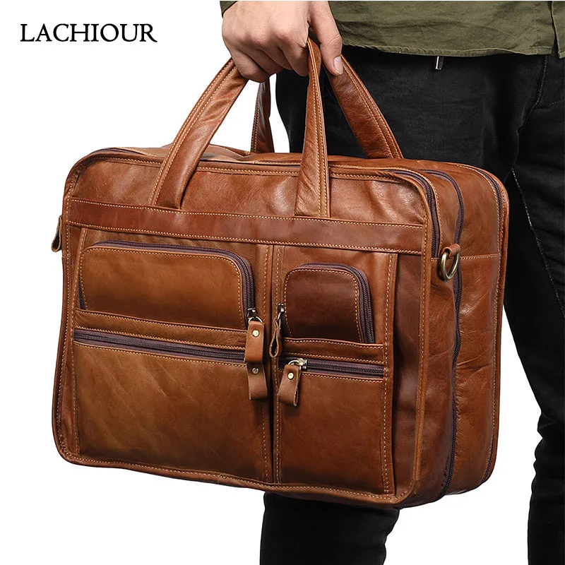 LACHIOUR 14 inch Laptop Handbags Men Genuine Leather Travel Bag Male Large Capcity Cowhide Ducuments Messenger/Shoulder Bag