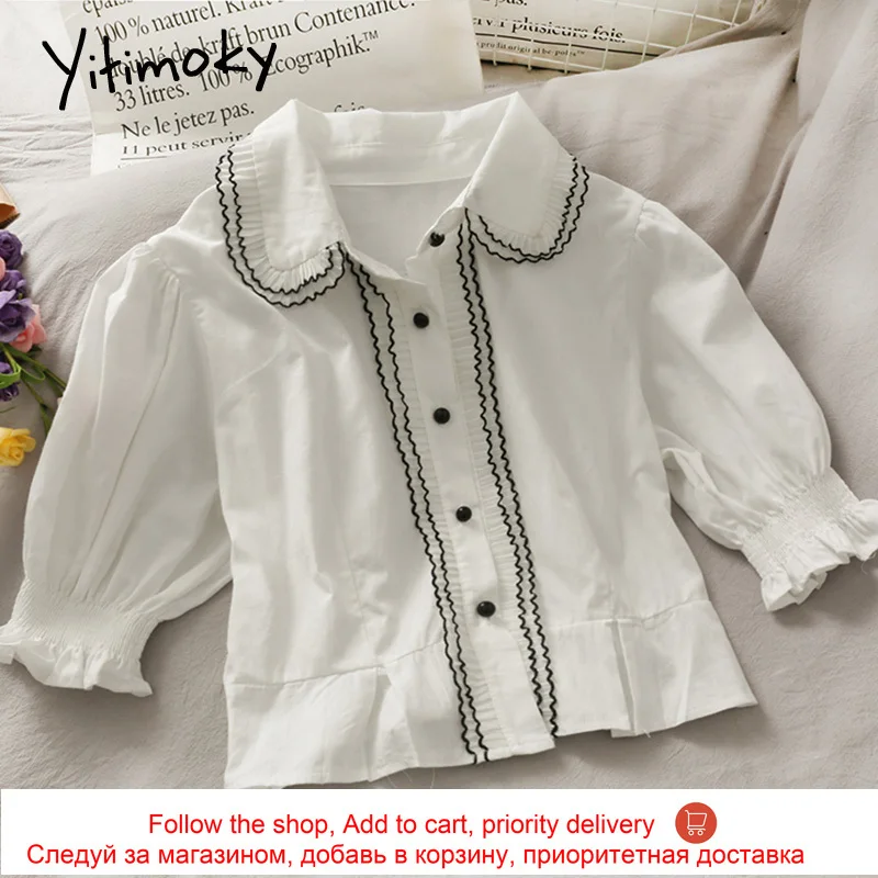 

Yitimoky Women Blouses Spring Summer 2021 Fashion Shirts Puff Sleeve Clothing Turn-down Collar Short Solid Button Up Crop Tops