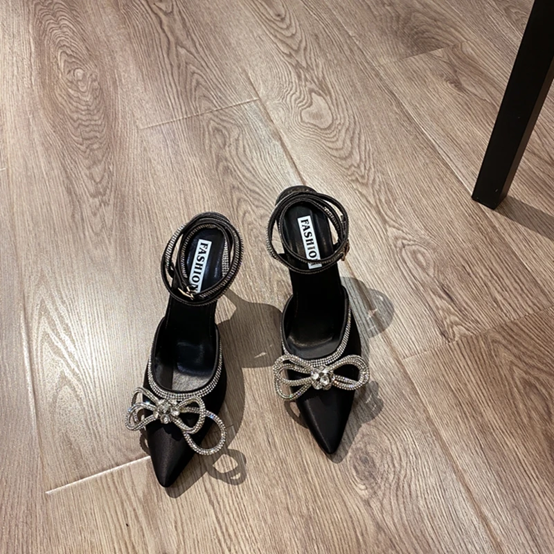 

2021 Fashion Glitter Rhinestones Women Pumps Crystal Bowknot Satin Summer Lady Shoes Leather High Heels Party Prom Shoes