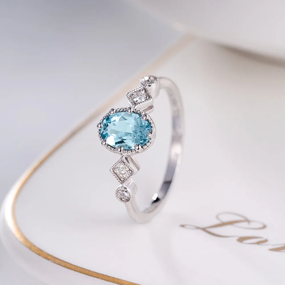 

Chic Small Delicate Blue Crystal Topaz Aquamarine Gemstones Diamonds Rings for Women 18k White Gold Silver Color Jewelry Bands