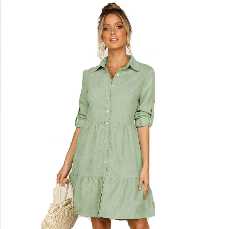 

2021 summer dresses with big swings lapel single-breasted shirts women's dresses,solid color woven dresses with sleeves LYQ103